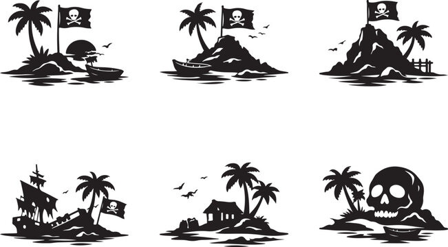 A collection of six black and white silhouettes featuring tropical islands with pirate skull flags on a white background.
