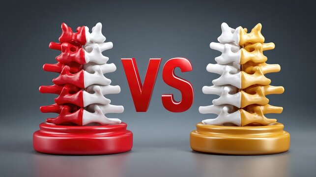 Spinal Battle Chess: Two chess-like pieces, designed as vertebral columns in red and gold, face off in a symbolic representation of a strategic medical contest.