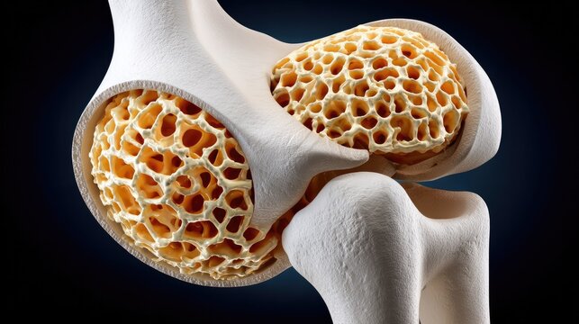 Bone structure close-up: A detailed 3D render showcasing the intricate, porous structure of healthy bone tissue and joint, highlighting trabecular bone's honeycomb-like matrix.