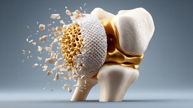 Osteoporosis Visualization: A medical illustration depicting a bone affected by osteoporosis, showing porous bone structure fragmenting and decaying, contrasting with a healthy bone joint.