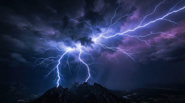 Intense electric blue lightning bolts striking through a dark cloudy background.