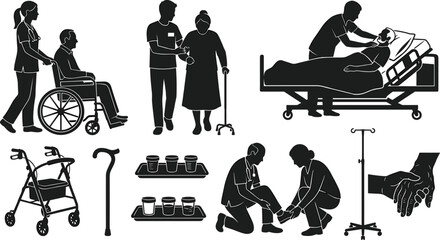 Fototapeta premium Elderly Nursing Home and Patient Care Icon Set with Wheelchair, Hospital Bed, Caregivers, Walkers, Medicine Cups, and Geriatric Healthcare Silhouettes for Medical Media Designs