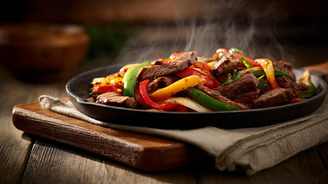 Sizzling steak fajitas with roasted peppers served on rustic wooden table with linen napkin, warm farmhouse lighting, premium commercial photography