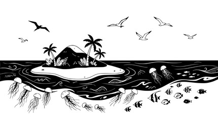 Tropical island with palm trees, jellyfish, and fish in the ocean, black and white illustration © illustration