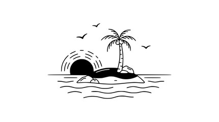 Minimalist tropical island sunset vector illustration with palm tree and birds © illustration