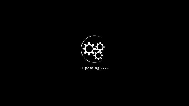 A white loading animation featuring three interlocked gears within a circular progress bar is shown against a black background, with the word Updating" and pulsing dots below, indicating a software