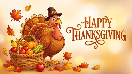 Naklejka premium Cartoon turkey with pilgrim hat and fruit basket on Thanksgiving
