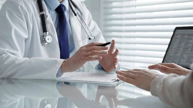 Doctor discussing medical information and treatment options with patient in a clinic, providing professional healthcare consultation and modern diagnostic services