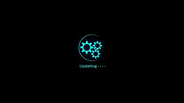 A cyan loading animation composed of three interlocked gears within a circular progress bar is displayed against a black background, accompanied by the word Updating" and pulsing dots, signifying a