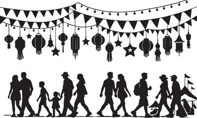Black silhouette people walking, festival decorations, hanging lanterns silhouette vector © Halima