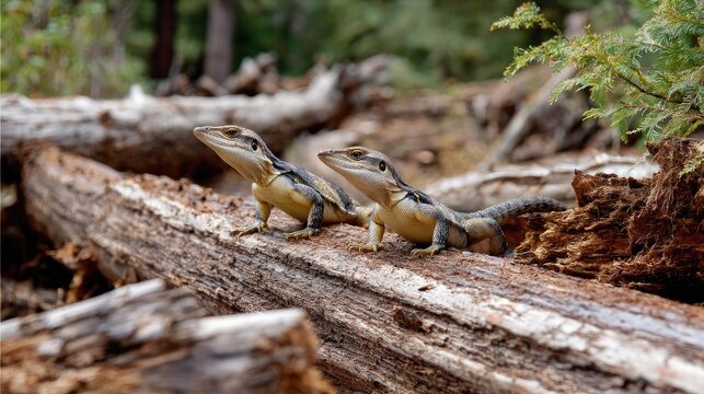 Two Lizards on a Log: A close-up shot showcases two small lizards perched on a fallen log amidst a forest floor, their scales catching the dappled sunlight.