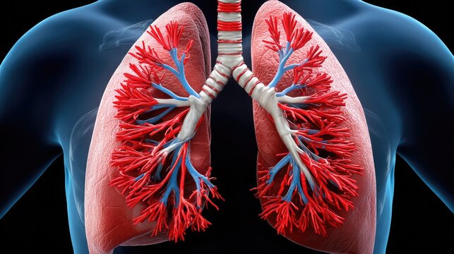 Human Respiratory System: A detailed illustration of the human lungs, showcasing the intricate network of bronchi and alveoli, vital for respiration and life.
