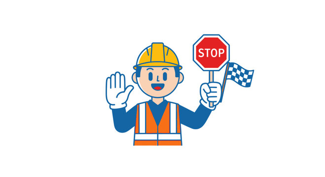 Construction Worker Directing Traffic with Stop Sign