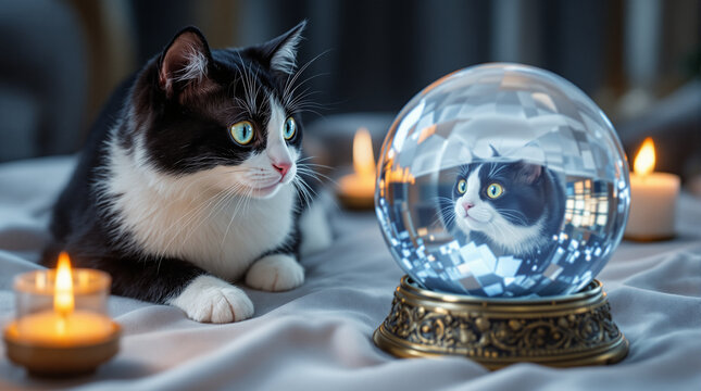 Tuxedo cat gazes into crystal ball. Mystical feline fortune teller predicts future. Whiskered psychic animal.