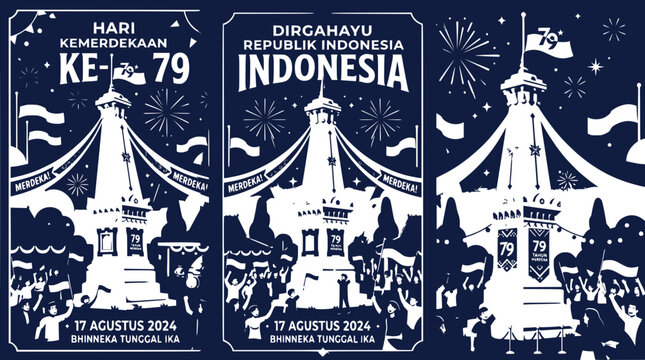 Indonesia Independence Day Celebration, Monas Tower, Fireworks, Flags, Crowd