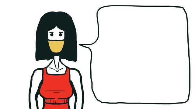 A girl in a mask is standing on the screen, saying something. There's a frame or a speech bubble next to it.