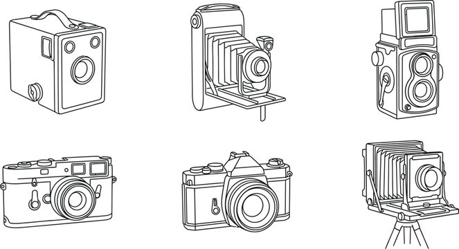 Collection of vintage film cameras featuring various classic models in a detailed outline vector illustration isolated on white