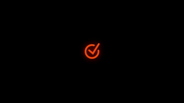 A vibrant orange neon outline of a checkmark within a circle glows brightly against a deep black background, symbolizing a positive affirmation or completed task with energetic emphasis