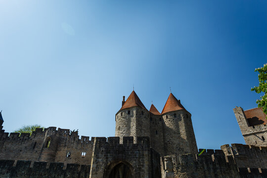 Close-up of the outline of the ramparts and chateau towers of the ancient walled city.