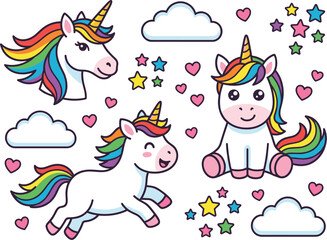 Fototapeta premium Cute rainbow unicorn clipart collection with fluffy clouds, colorful stars, hearts, and magical fantasy cartoon vector illustration set