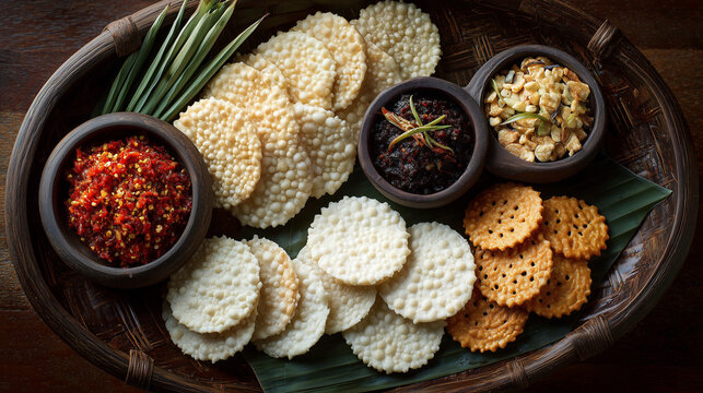 Traditional rice crackers and sambal arranged artistically for Independence Day celebration, luxury food styling