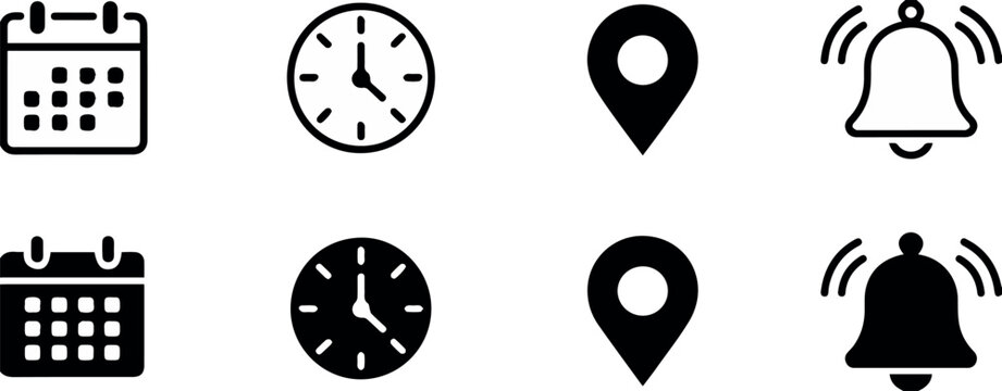 icon calendar clock location bell glyph outline filled vector set