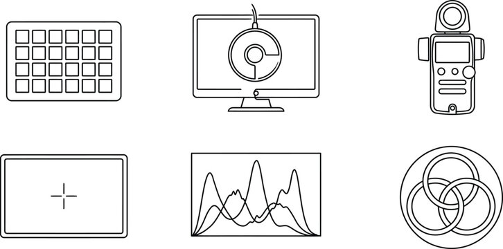 Minimalist vector icons for photography and color grading including light meters histograms and color wheels ideal for digital design