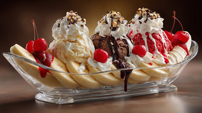 Ultra photorealistic classic banana split dessert served in a long glass dish with sliced bananas, vanilla chocolate and strawberry ice cream, whipped cream, chocolate syrup