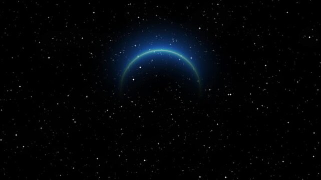 A dark cosmic expanse filled with countless white and yellow stars of varying sizes, with a bright crescent of a planet or celestial body glowing with a vibrant blue and green aura in the upper
