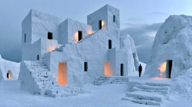 Unique design of a snow structure with stairs and windows during twilight in a snowy landscape