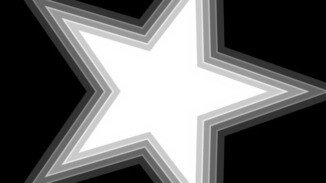 A stylized five-pointed star shape is rendered in a grayscale gradient, with sharp, angular layers of white, light gray, and dark gray radiating outwards from a bright white center against a solid