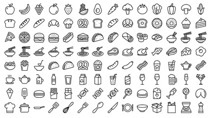 Set of 80 food and drink outline icons with editable stroke vector collection isolated on white background © Liton