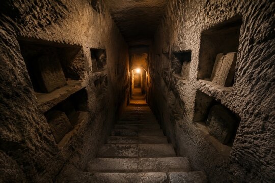 Narrow stone staircase descending into dimness, burial niches lining walls.