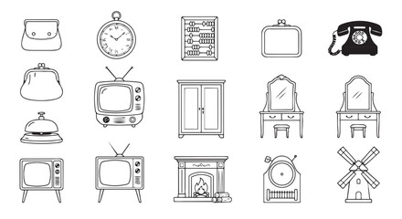 Fototapeta premium Vintage retro electronics and furniture icon set in line art style with furniture, electronics