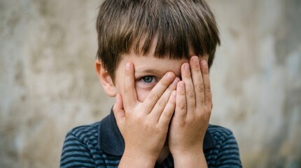 Fototapeta premium A curious little boy with bright blue eyes covers his face with his hands while peeking through fingers against an old textured wall, expressing emotions of shyness, fear, or playfulness outdoors now.