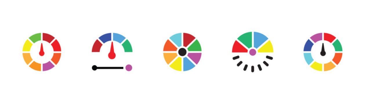 Brightly colored vector icons featuring diverse gauges and meters. showcasing progress, speed, or other measurable parameters.