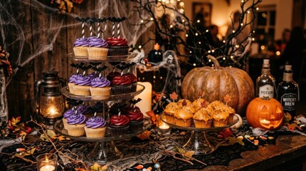 Naklejka premium Halloween Party Table with Tiered Purple and Chocolate Cupcakes, Bat Toppers, Carved Jack-O-Lanterns, and Spooky Potion Bottles in Warm Atmosphere.