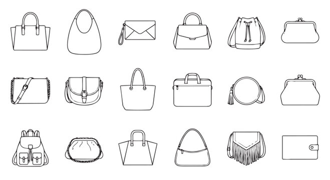 Doodle collection of different woman handbags and fashion accessories with accessory, collection