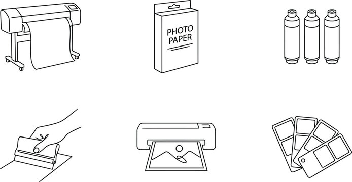 Outline icons depicting various printing processes and graphic design tools ideal for web app and infographic illustrations of creative production