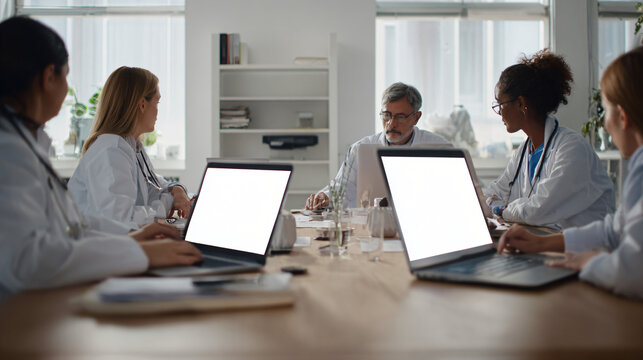 Modern healthcare startup office where doctors and software developers collaborate around a table discussing digital healthcare innovation, generic laptops with blank screens