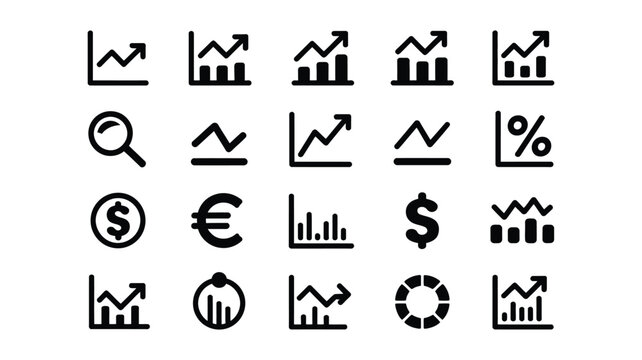 Set of black financial analytics icons including growth charts bar graphs currency symbols research magnifying glass and percentage data vector illustration.