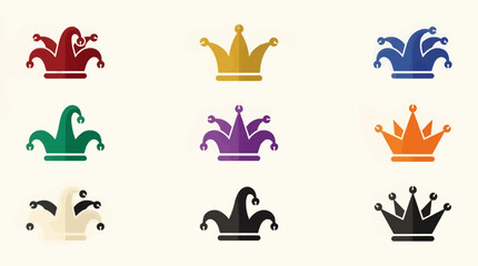Obraz premium Collection of Flat Design Jester Hats and Crowns with Dangling Bells in Various Colors, Graphic Icons Set on Light Background, Vector Illustration