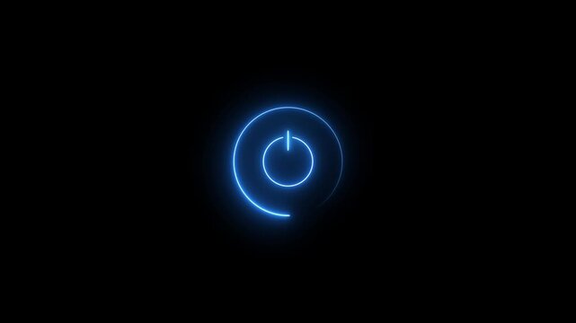 A bright electric blue neon power button symbol glowing intensely against a completely black background representing technology and activation