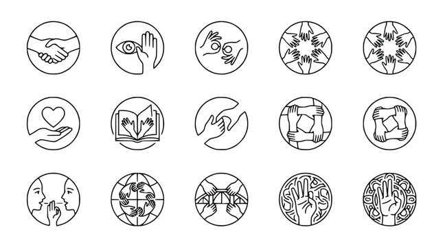 Diverse Teamwork and Community Icons: Unity, Support, Vision, Communication, Inclusion