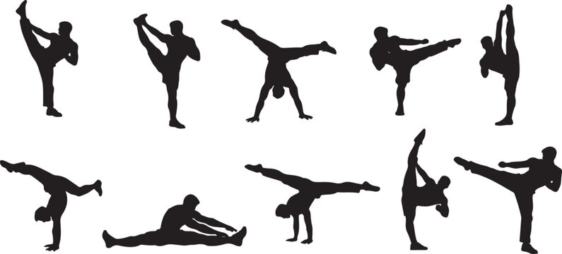 Martial arts and gymnastics silhouettes set 6 with athletic male figures performing stretching kicks handstands isolated on white background vector