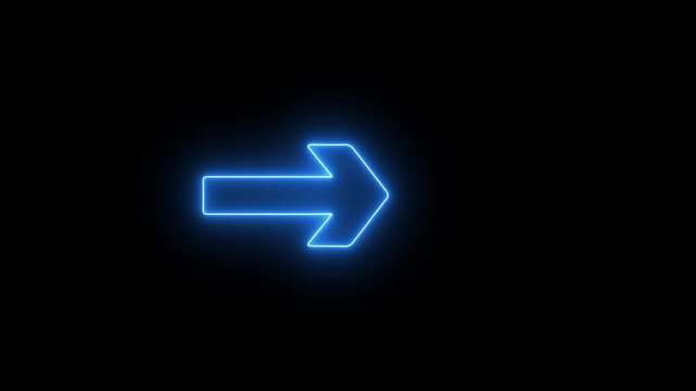 A bright blue neon arrow with a glowing outline points to the right against a dark black background representing digital technology futuristic concepts and illuminated guidance