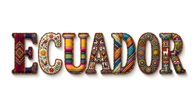 Texto 3D de Ecuador hecho de tela con textura y patrones t&iacute;picos
