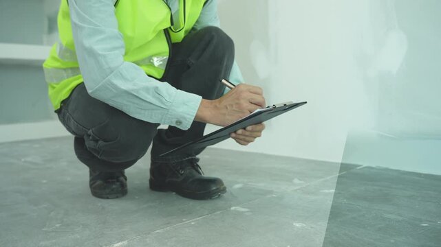 inspector or engineer is inspecting construction and quality assurance new house using a checklist. Engineers or architects or contactor work to build the house before handing it over to the homeowner
