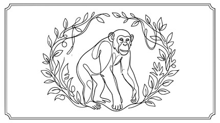 Chimpanzee Outline Drawing in Lush Leafy Vine Frame