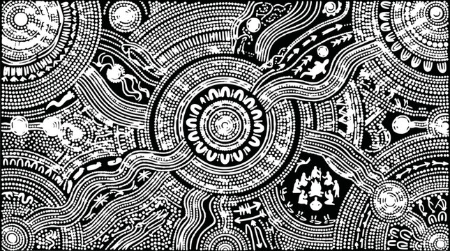 Intricate Aboriginal Art Pattern: Circles, Lines, Dots, and Symbols on Black Background